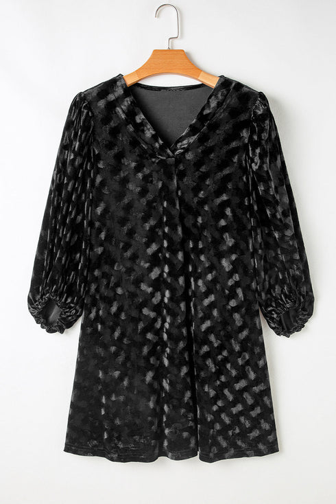 Evening Grace Textured V-Neck Balloon Sleeve Velvet Mini Dress