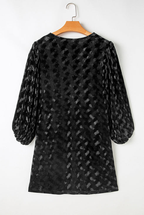 Evening Grace Textured V-Neck Balloon Sleeve Velvet Mini Dress