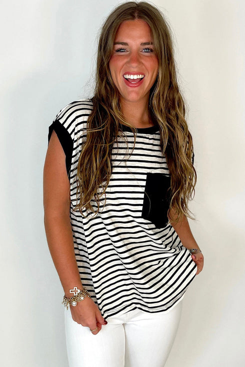 Everyday Striped Knit Contrast Pocket Tee