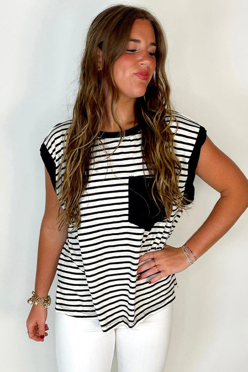 Everyday Striped Knit Contrast Pocket Tee