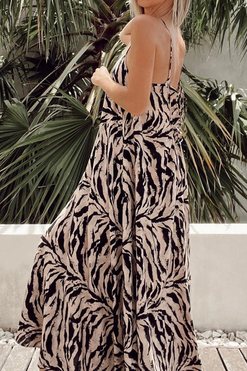 Exclusive Abstract Print Open Back Bohemian Loose Maxi Dress