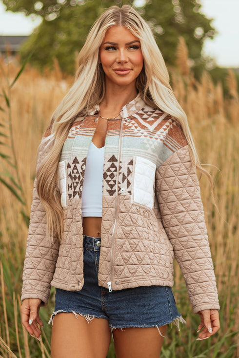 Exclusive Aztec Print Quilted Patchwork Western Jacket