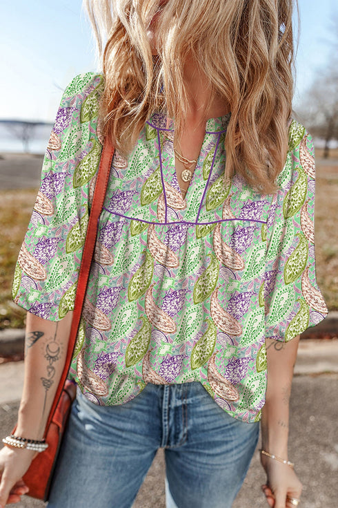 Exclusive Bohemian Paisley Print Half Puff Sleeve Blouse