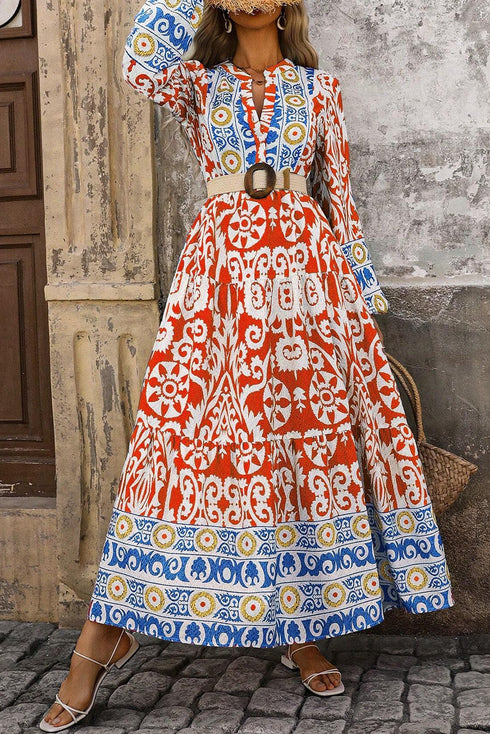 Exclusive Bohemian Paisley Print Long Sleeve A Line Maxi Dress