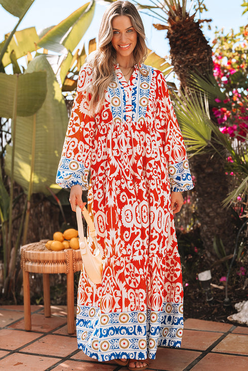 Exclusive Bohemian Paisley Print Long Sleeve A Line Maxi Dress