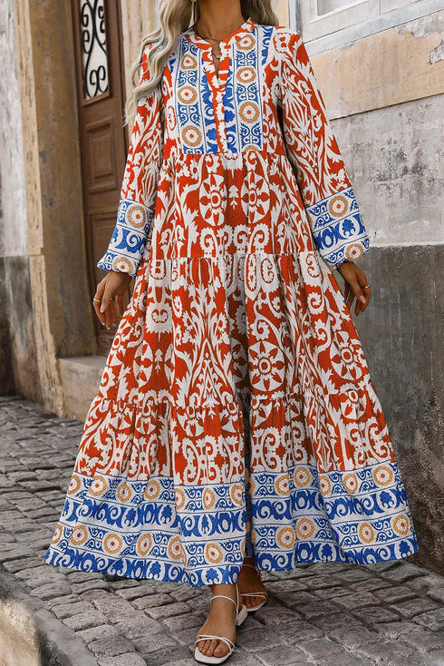 Exclusive Bohemian Paisley Print Long Sleeve A Line Maxi Dress