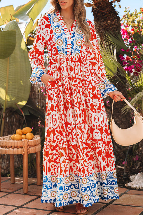 Exclusive Bohemian Paisley Print Long Sleeve A Line Maxi Dress