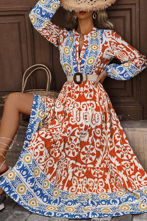 Exclusive Bohemian Paisley Print Long Sleeve A Line Maxi Dress