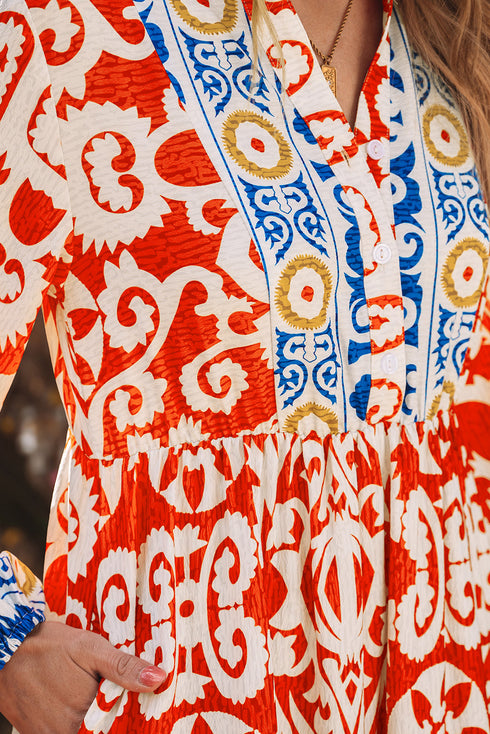 Exclusive Bohemian Paisley Print Long Sleeve A Line Maxi Dress