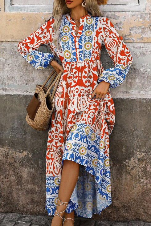 Exclusive Bohemian Paisley Print Long Sleeve A Line Maxi Dress