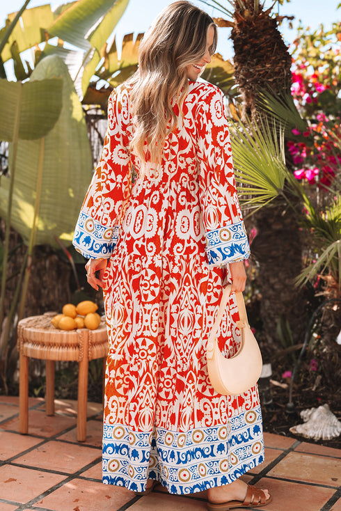 Exclusive Bohemian Paisley Print Long Sleeve A Line Maxi Dress