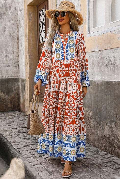 Exclusive Bohemian Paisley Print Long Sleeve A Line Maxi Dress