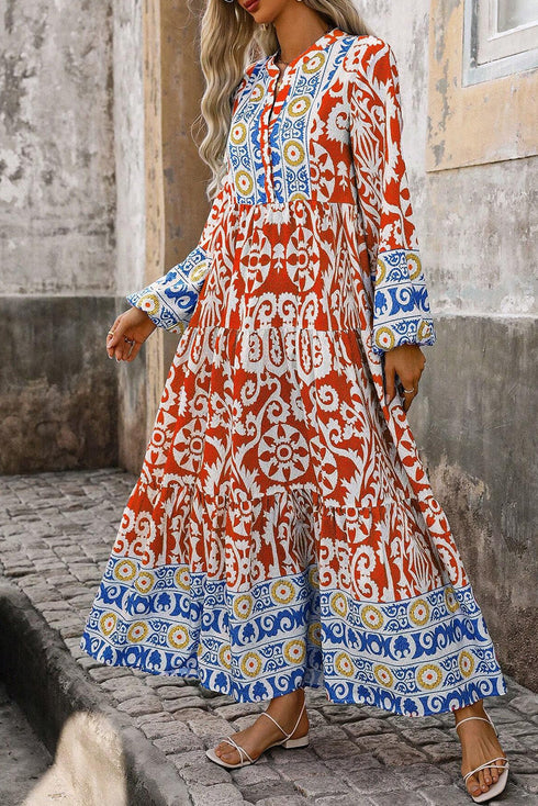Exclusive Bohemian Paisley Print Long Sleeve A Line Maxi Dress