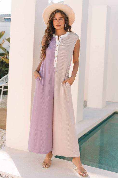 Exclusive Corded Knit Buttoned Wide Leg Jumpsuit