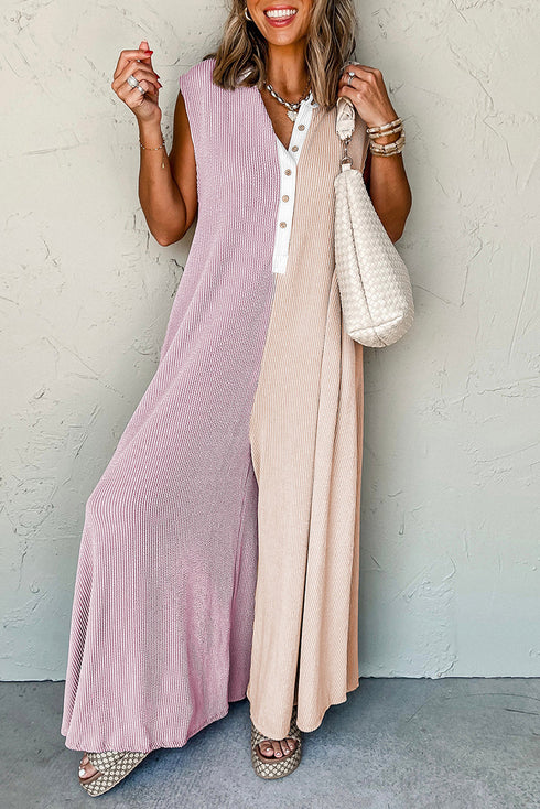Exclusive Corded Knit Buttoned Wide Leg Jumpsuit