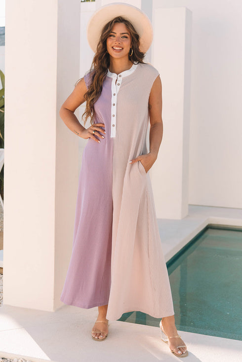 Exclusive Corded Knit Buttoned Wide Leg Jumpsuit