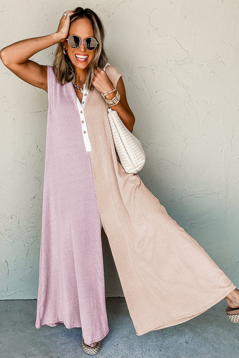 Exclusive Corded Knit Buttoned Wide Leg Jumpsuit