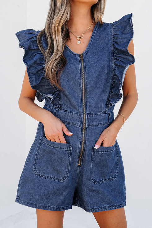 Exclusive Denim Ruffled Zip Front Belted Romper
