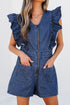 Exclusive Denim Ruffled Zip Front Belted Romper
