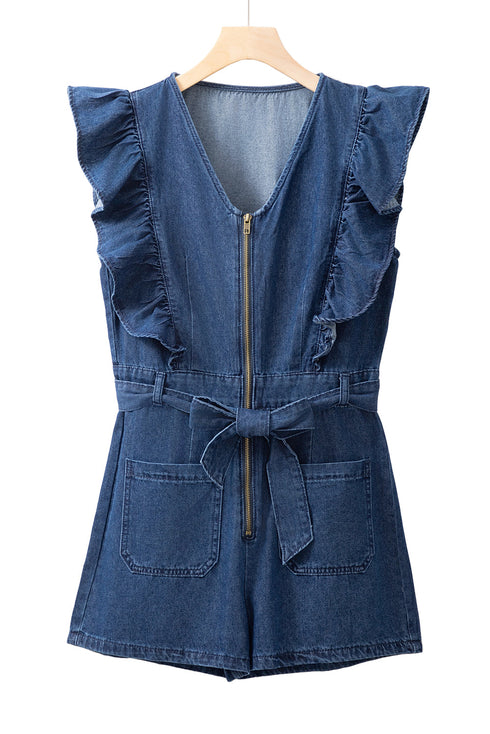 Exclusive Denim Ruffled Zip Front Belted Romper