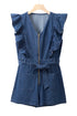 Exclusive Denim Ruffled Zip Front Belted Romper