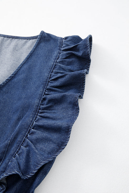 Exclusive Denim Ruffled Zip Front Belted Romper