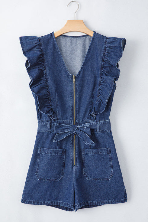 Exclusive Denim Ruffled Zip Front Belted Romper