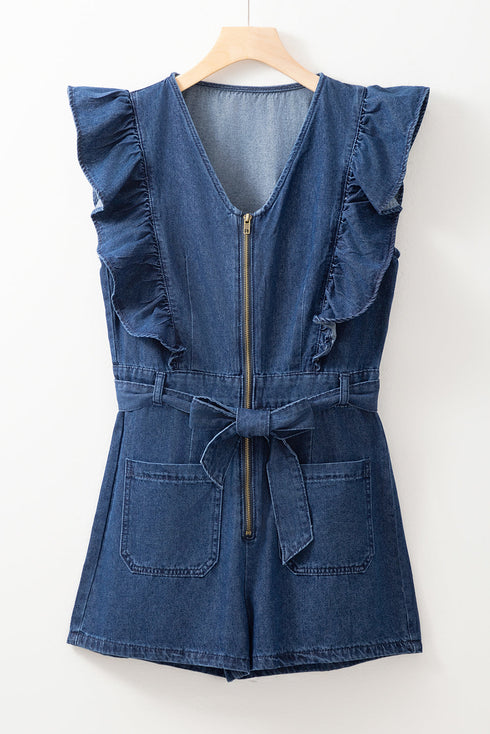 Exclusive Denim Ruffled Zip Front Belted Romper
