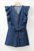 Exclusive Denim Ruffled Zip Front Belted Romper