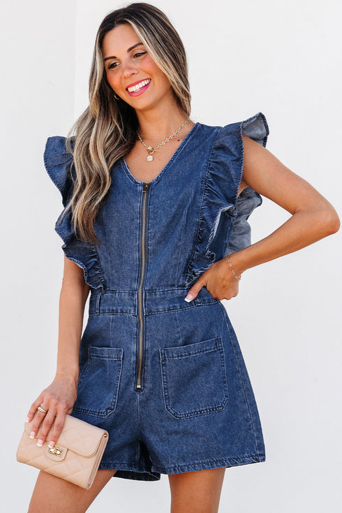 Exclusive Denim Ruffled Zip Front Belted Romper