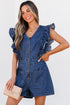 Exclusive Denim Ruffled Zip Front Belted Romper