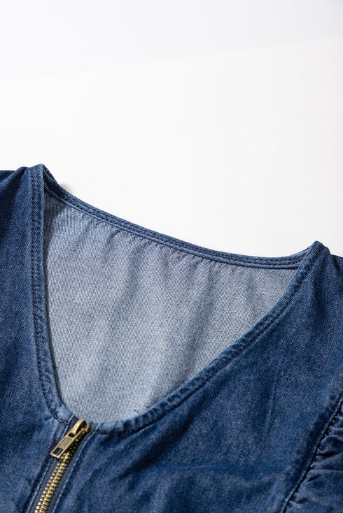 Exclusive Denim Ruffled Zip Front Belted Romper
