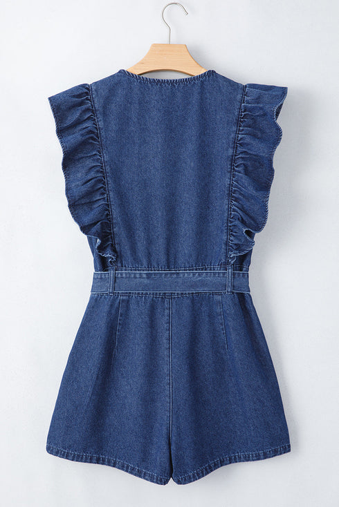 Exclusive Denim Ruffled Zip Front Belted Romper