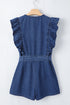 Exclusive Denim Ruffled Zip Front Belted Romper