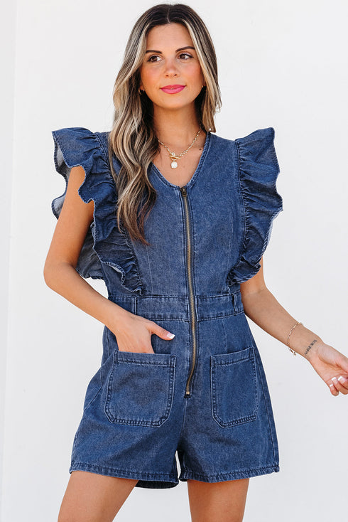 Exclusive Denim Ruffled Zip Front Belted Romper