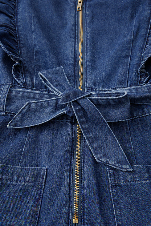 Exclusive Denim Ruffled Zip Front Belted Romper