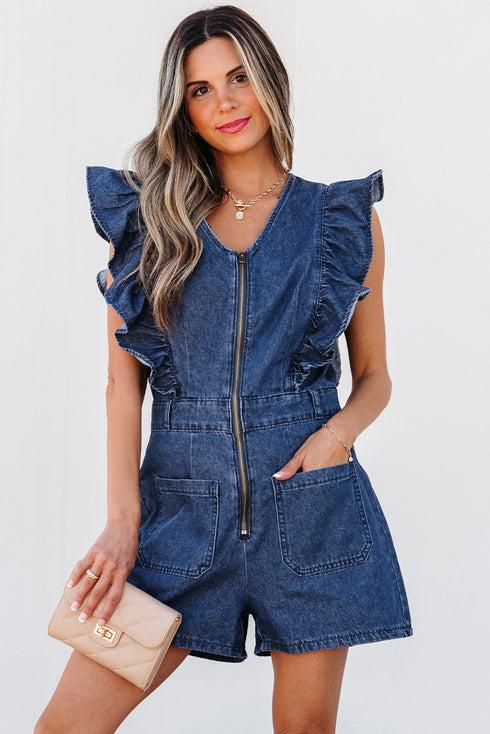 Exclusive Denim Ruffled Zip Front Belted Romper