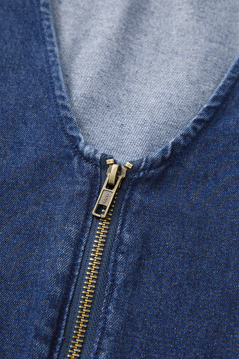 Exclusive Denim Ruffled Zip Front Belted Romper