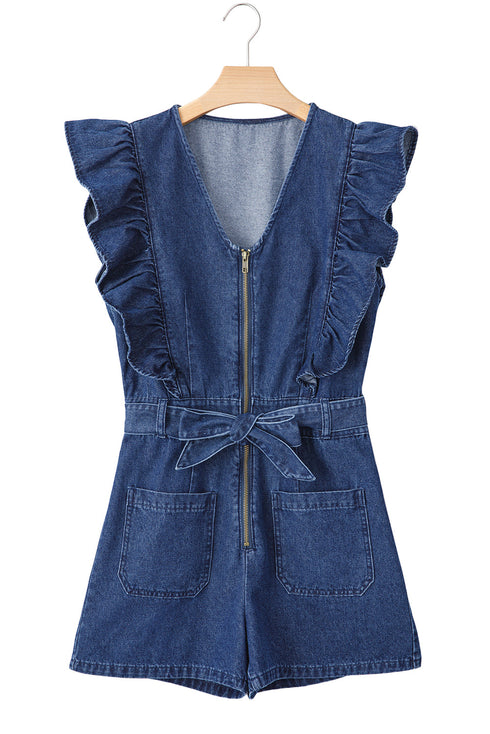 Exclusive Denim Ruffled Zip Front Belted Romper