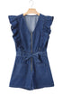 Exclusive Denim Ruffled Zip Front Belted Romper
