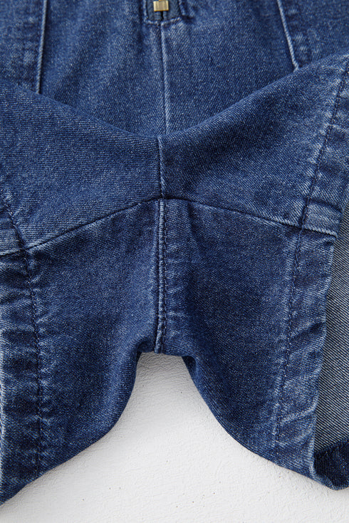 Exclusive Denim Ruffled Zip Front Belted Romper