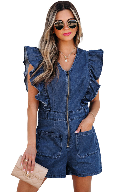 Exclusive Denim Ruffled Zip Front Belted Romper