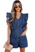 Exclusive Denim Ruffled Zip Front Belted Romper