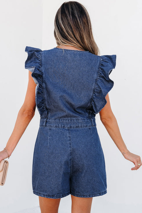 Exclusive Denim Ruffled Zip Front Belted Romper