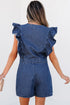 Exclusive Denim Ruffled Zip Front Belted Romper