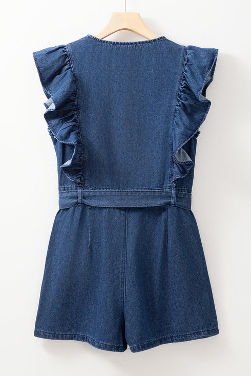 Exclusive Denim Ruffled Zip Front Belted Romper