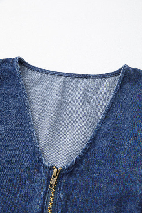 Exclusive Denim Ruffled Zip Front Belted Romper