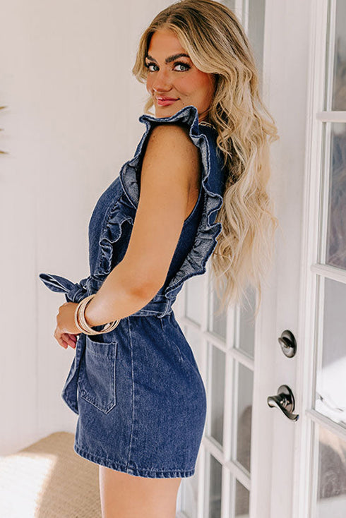 Exclusive Denim Ruffled Zip Front Belted Romper