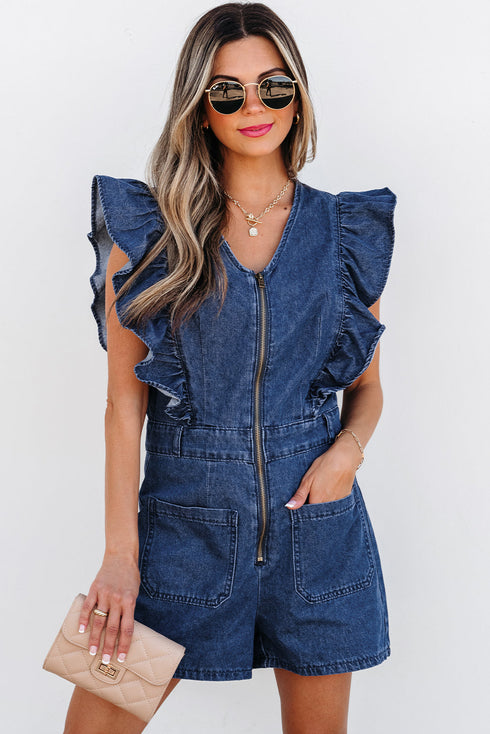 Exclusive Denim Ruffled Zip Front Belted Romper