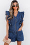 Exclusive Denim Ruffled Zip Front Belted Romper